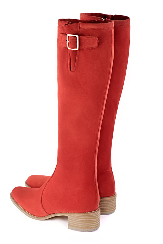 Scarlet red women's knee-high boots with buckles. Round toe. Low leather soles. Made to measure. Rear view - Florence KOOIJMAN